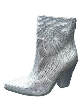Azalea Wang Soulard Silver Rhinestone Western Ankle Boots Sz 10 Nashville Style